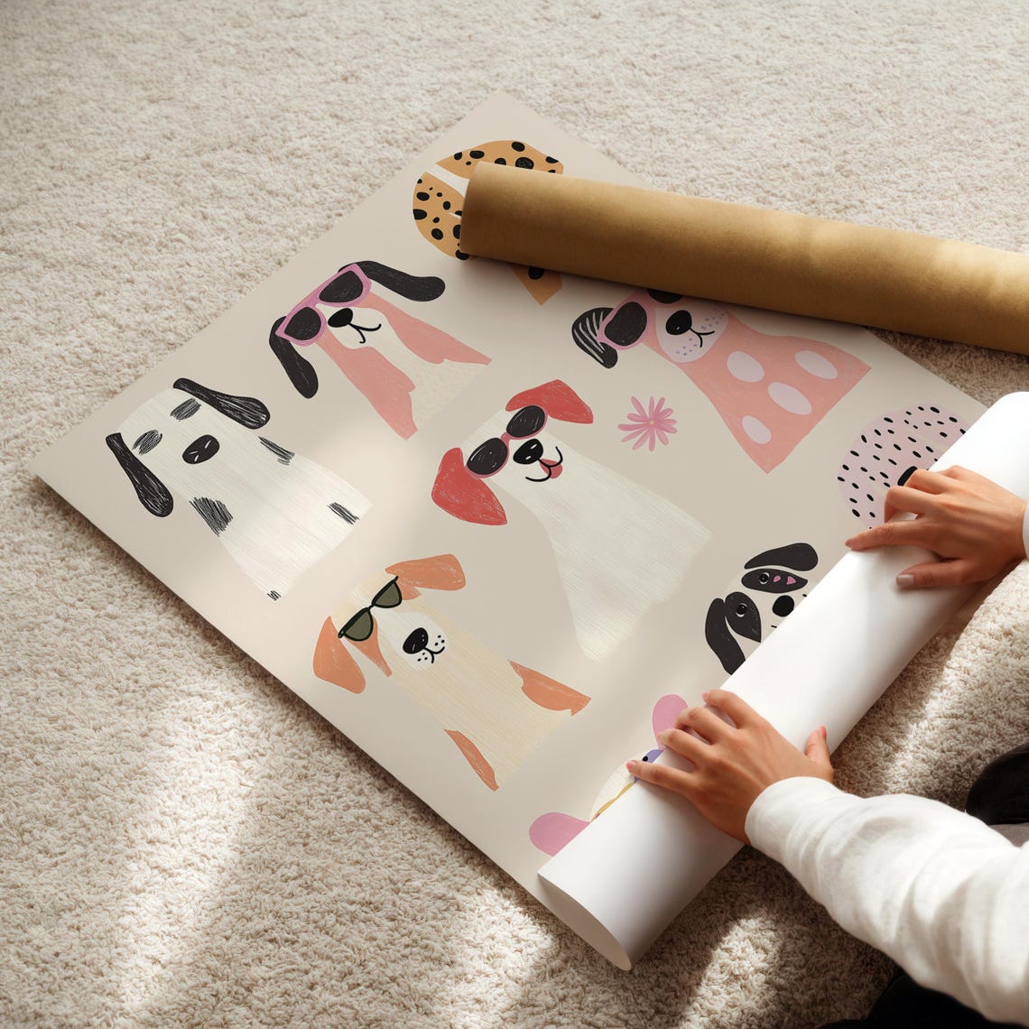 Fashionable Dogs Print Nine Pink Pups Sunglasses Kids Room Wall Poster - Image 6
