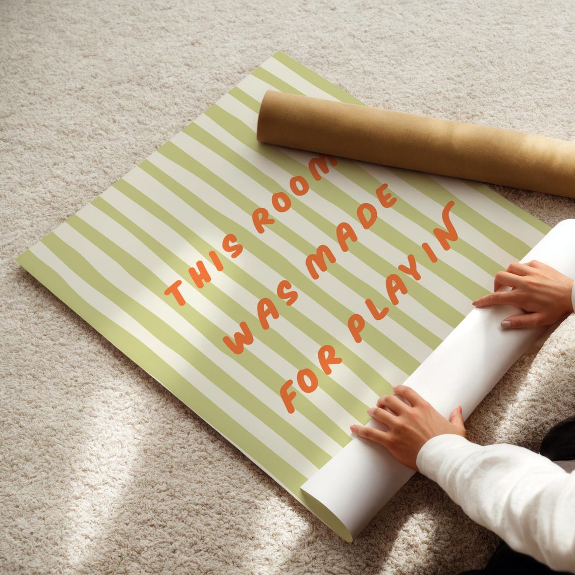 This Room Was Made For Playin Quote Green Striped Playroom Poster - Image 4