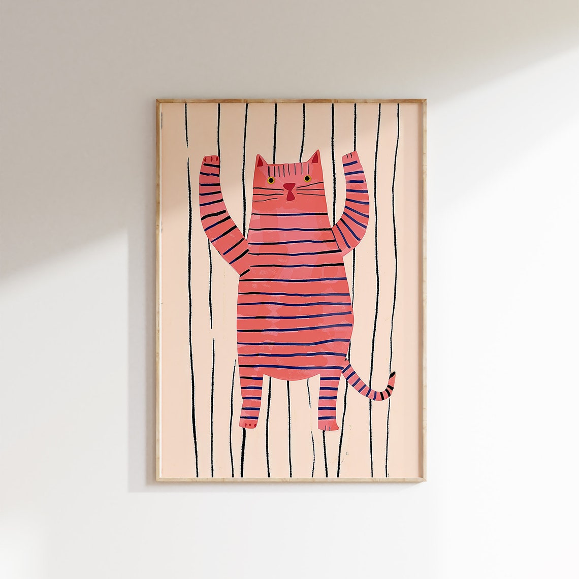 Funny Pink Striped Cat Paws Up Playful Nursery Animal Poster - Image 2