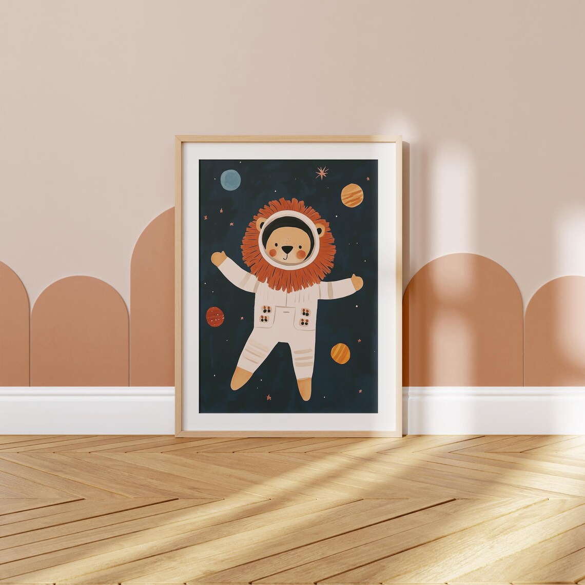 Cute Lion Astronaut In Spacesuit Floating Among Stars Kids Space Poster - Image 2