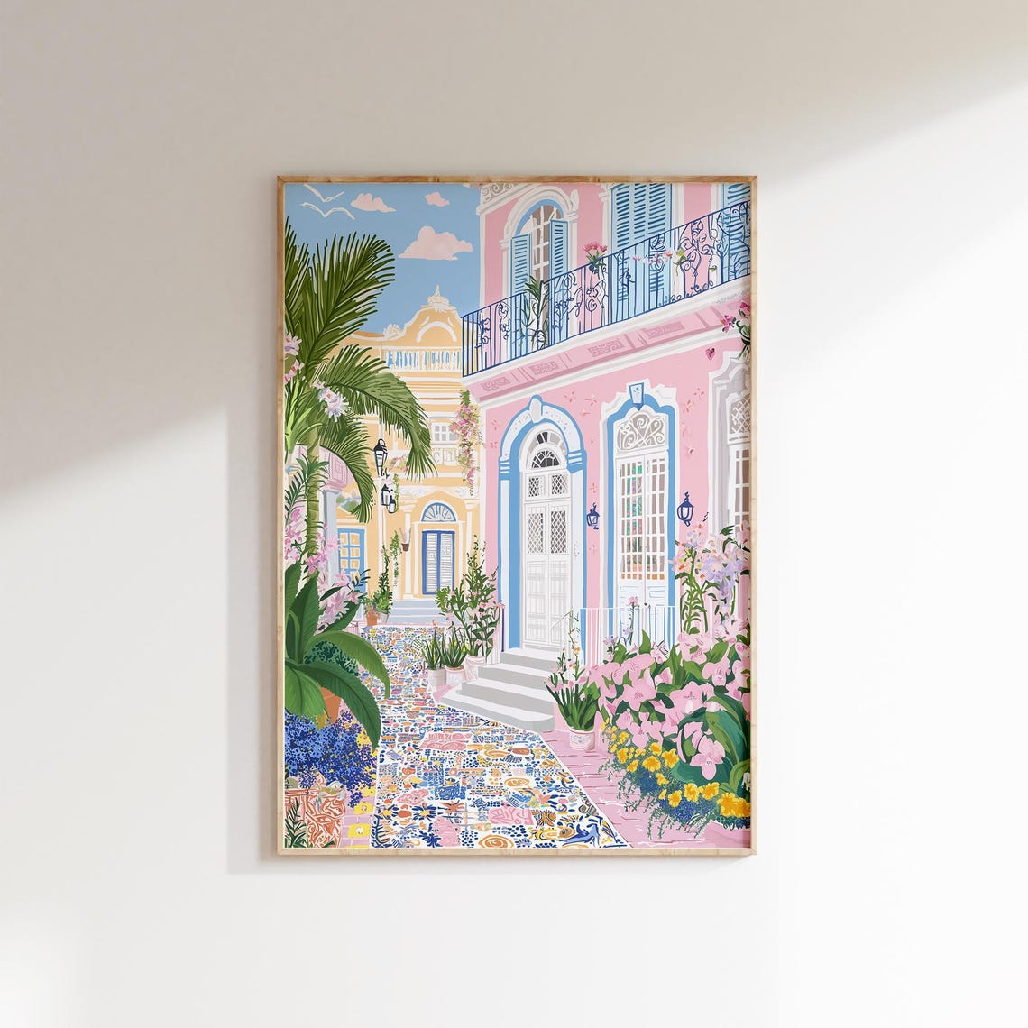 Mediterranean Street Portuguese Tiles Pink Building Sunny Poster - Image 3