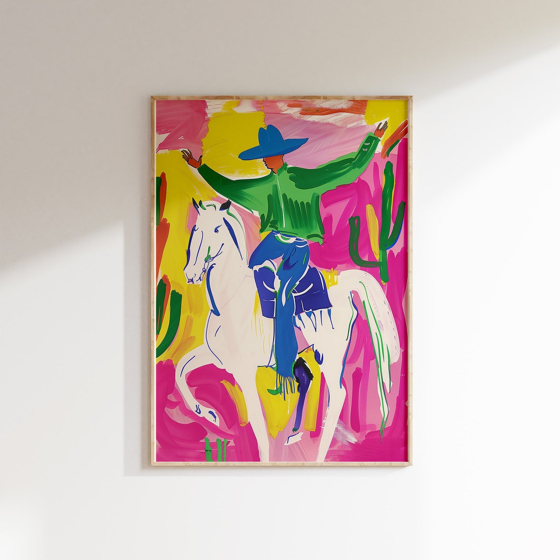 Blue Hat Cowboy White Horse Colorful Western Desert Art Poster - Image 2