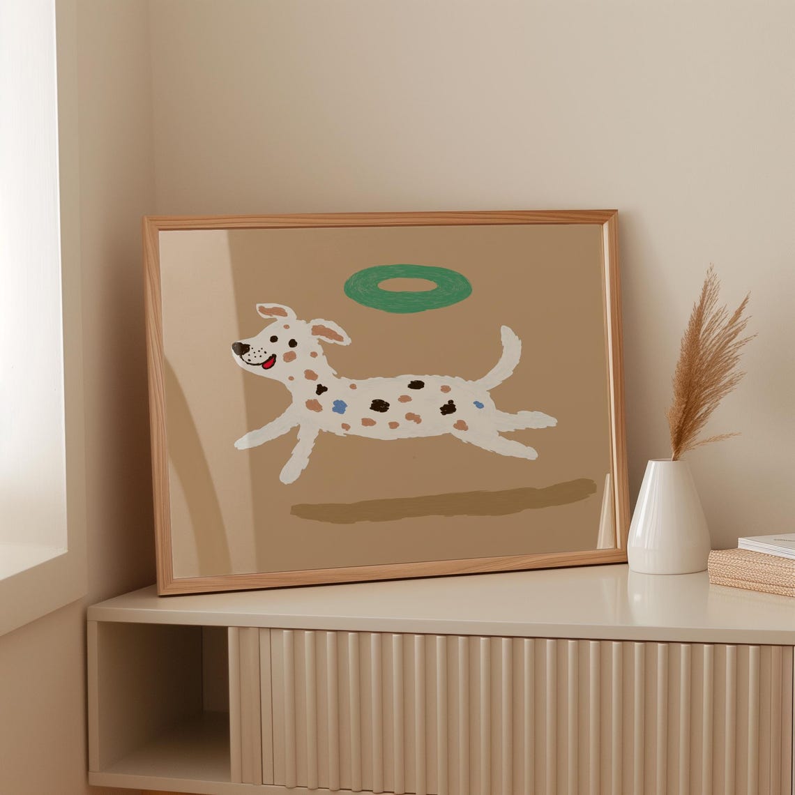 Playful Jumping Spotted Dog Green Ring Tan Background Kids Wall Poster - Image 6