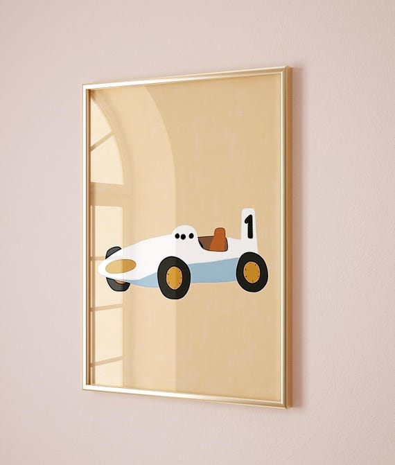 Vintage Race Car Print Modern Boys Room Wall Art Retro Nursery Decor Transport Theme Kids Room Art