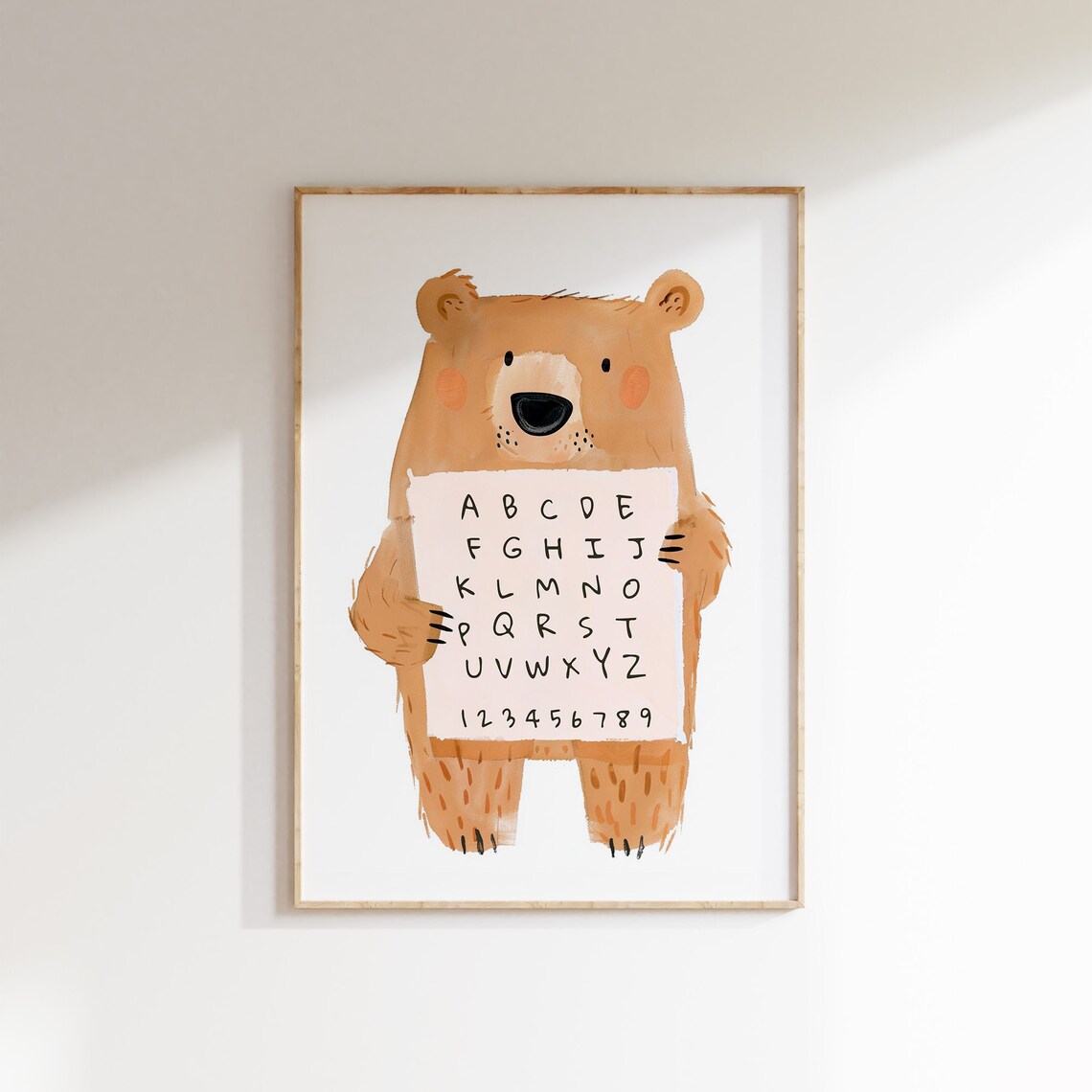 Cute Bear Holding Alphabet Chart ABC Numbers Educational Kids Room Poster