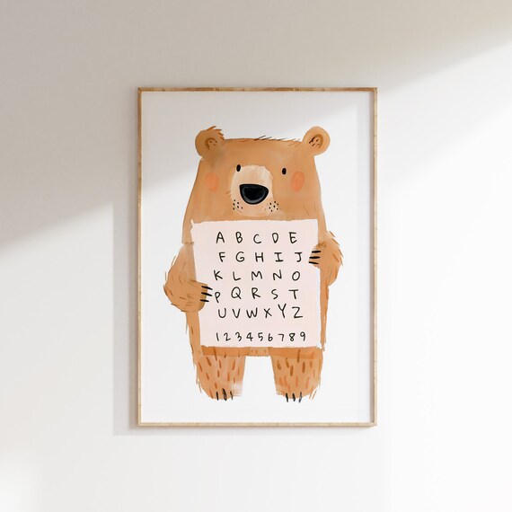 Cute Bear Holding Alphabet Chart ABC Numbers Educational Kids Room Poster