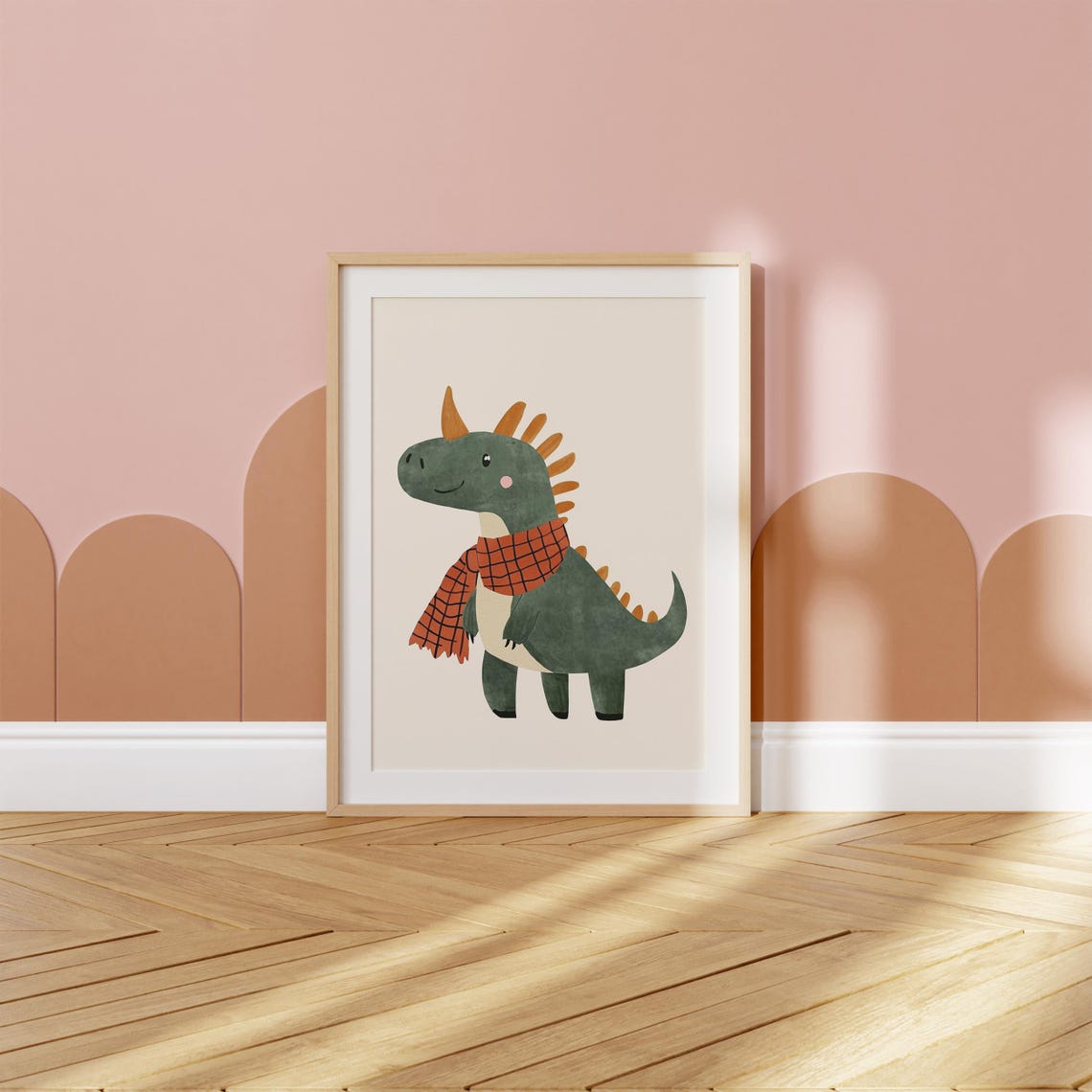 Green Dinosaur Wearing Red Plaid Scarf Cute Kids Dino Poster - Image 2