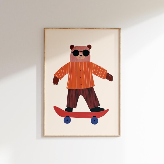 Cool Bear On Skateboard Orange Striped Shirt Sunglasses Wall Art
