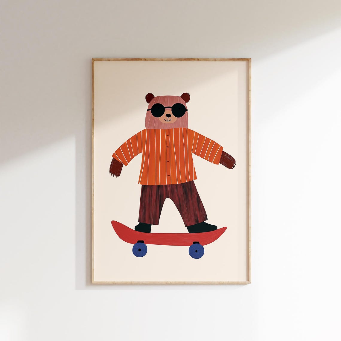 Cool Bear On Skateboard Orange Striped Shirt Sunglasses Wall Art