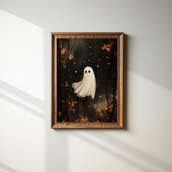 Cute Floating Ghost in a Dark Autumn Forest Spooky Sweet Fall Art Poster