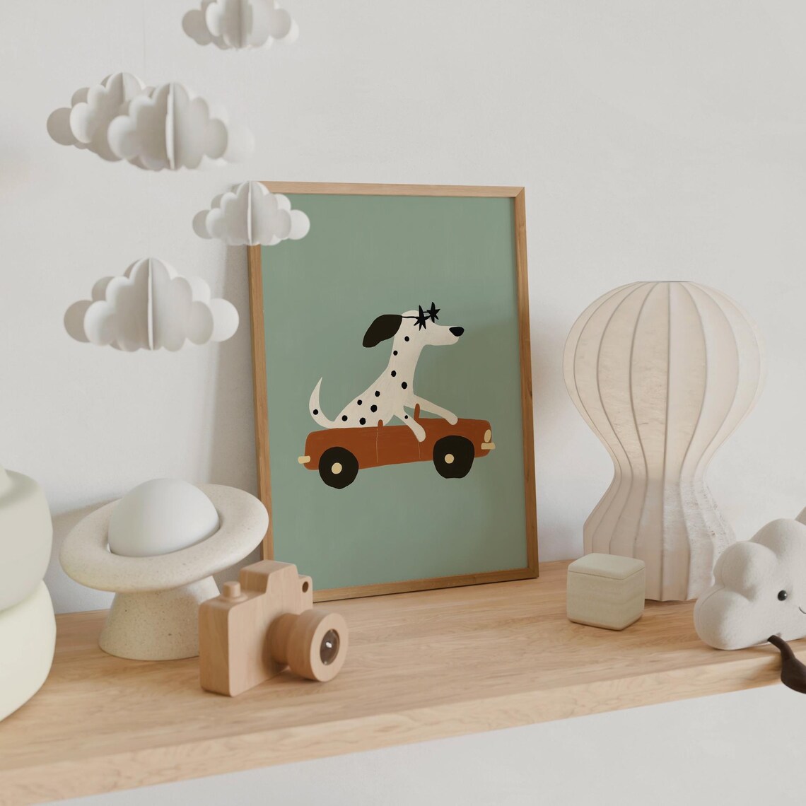 Dalmatian Driving Orange Car With Star Sunglasses Kids Animal Poster