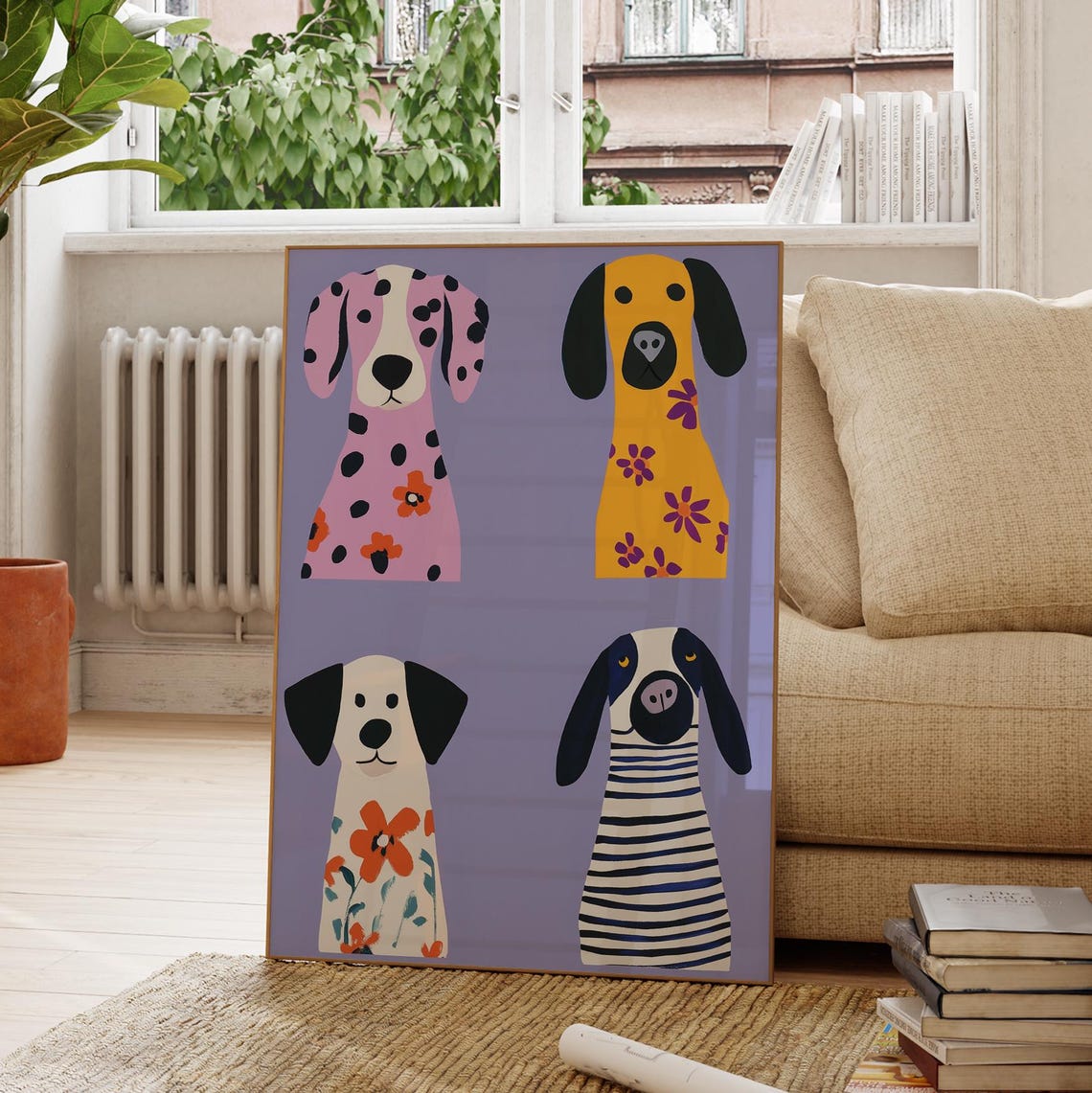 Lavender Dog Print Four Colorful Pups Nursery Kids Room Wall Poster