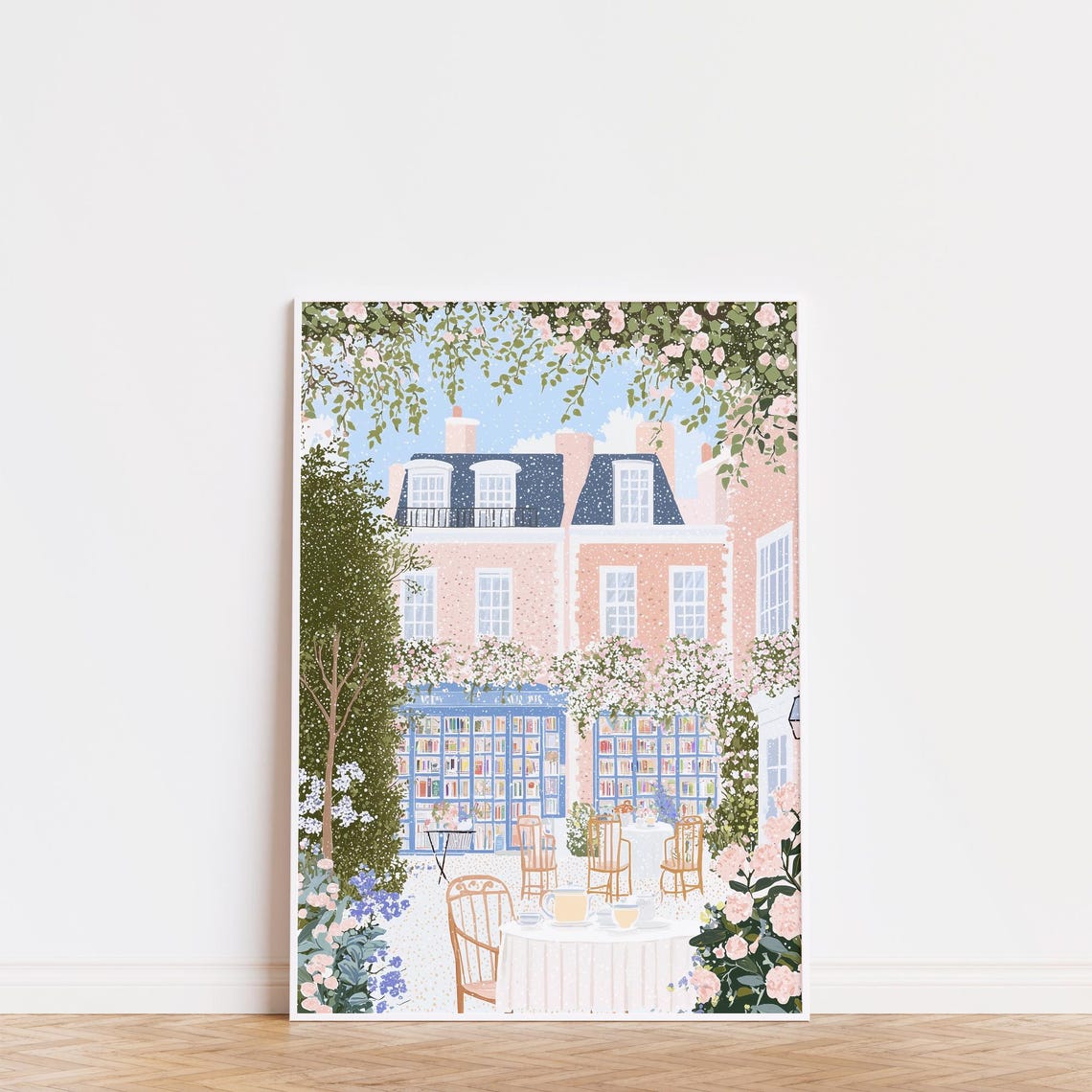Bookshop Cafe Garden Terrace Pink Townhouse Spring Tea Poster - Image 3