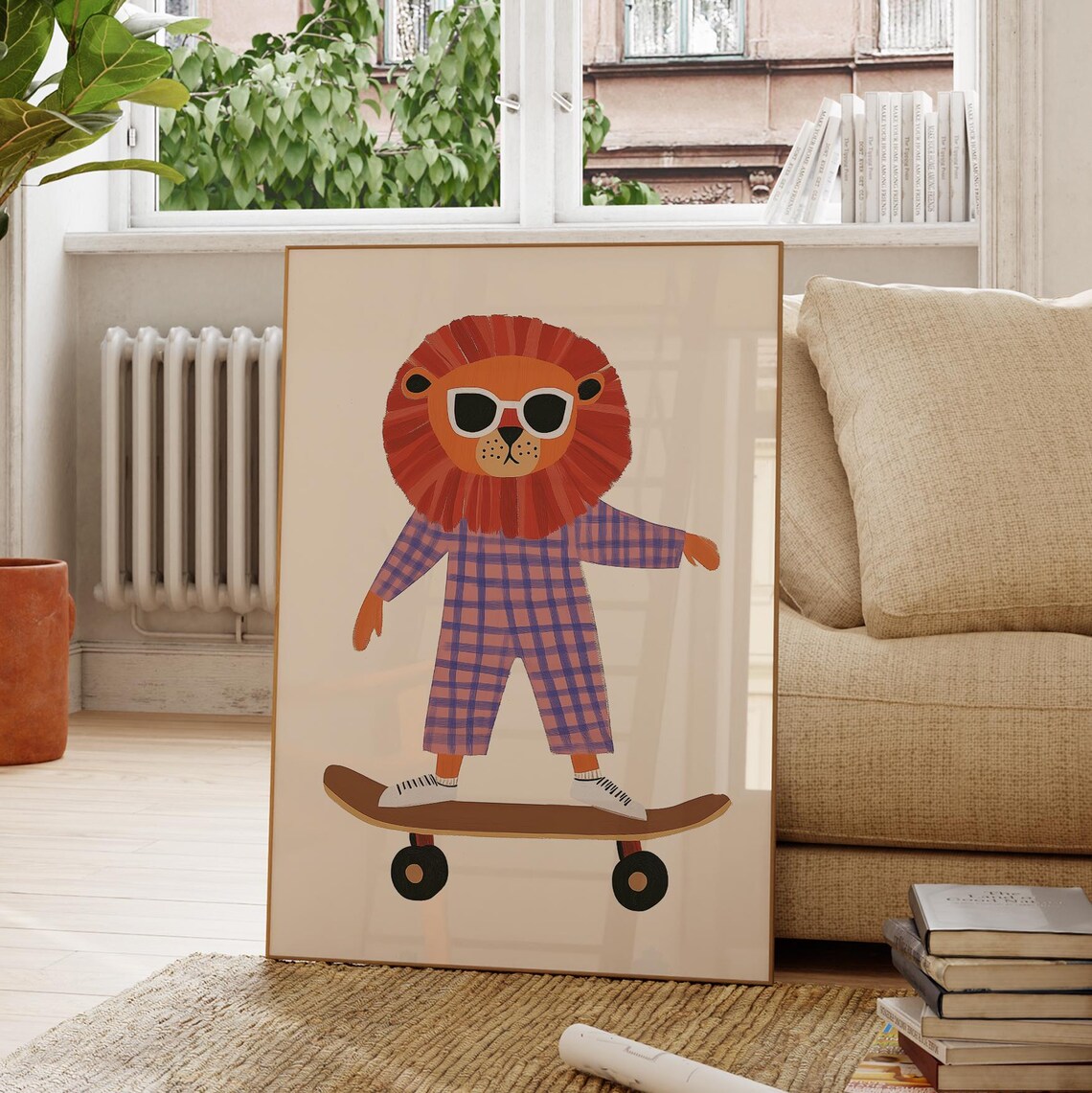 Cool Lion Sunglasses Checkered Jumpsuit Skateboard Nursery Wall Art Print - Image 2