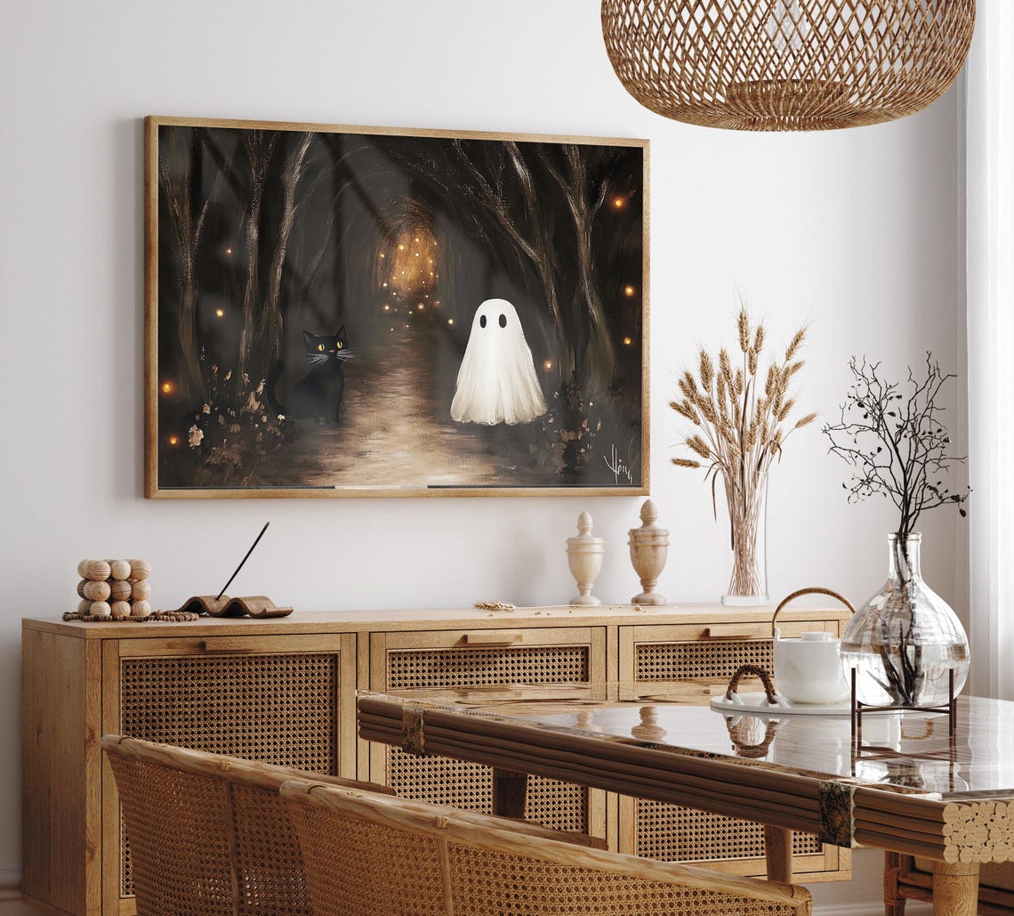 Ghost And Black Cat In Dark Glowing Forest Tunnel Halloween Poster - Image 2