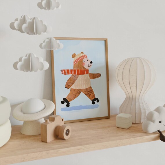 Winter Bear Ice Skating in Knit Hat and Scarf Kids Room Poster