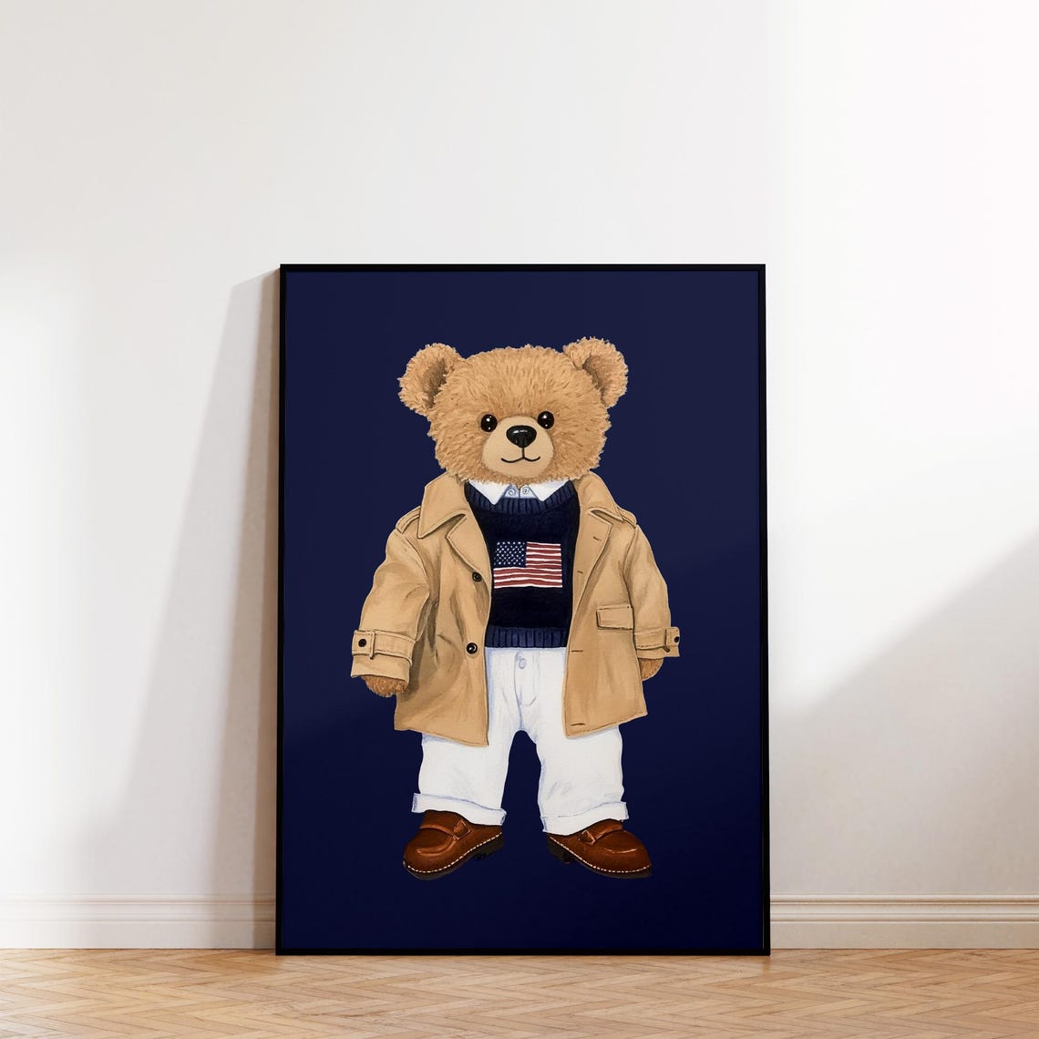 Preppy Teddy Bear In Trench Coat Flag Sweater Americana Style Poster - Image 2