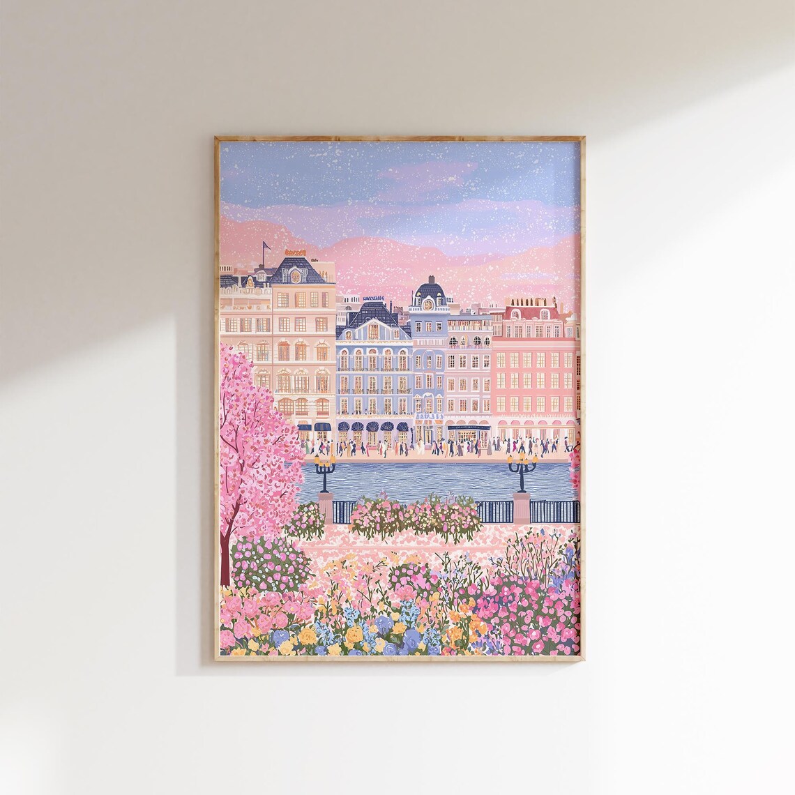 Paris River Art French City Pink Building Art Spring Flower Scene Folk Art Style European Art Print Travel Home Decor - Image 2