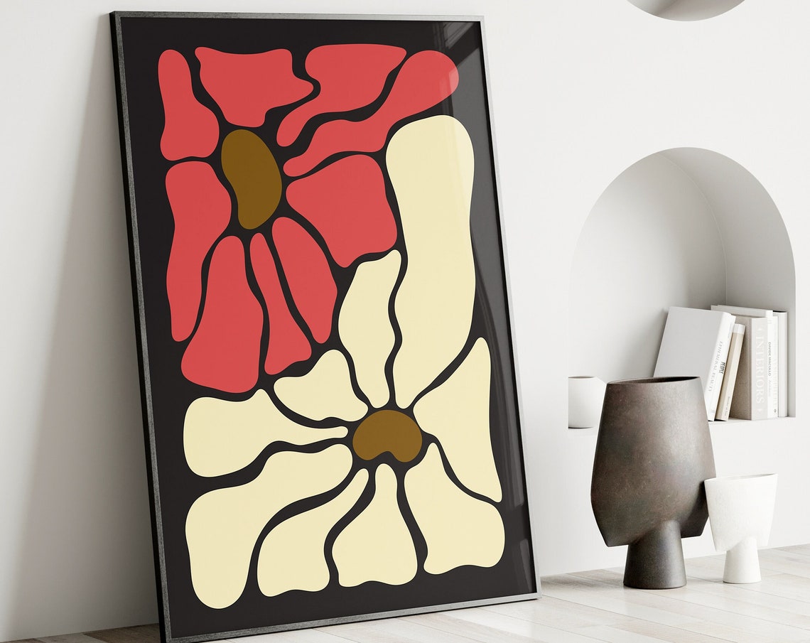 Two Abstract Flowers Poster Red Beige Black Modern Boho Floral Duo Art - Image 2