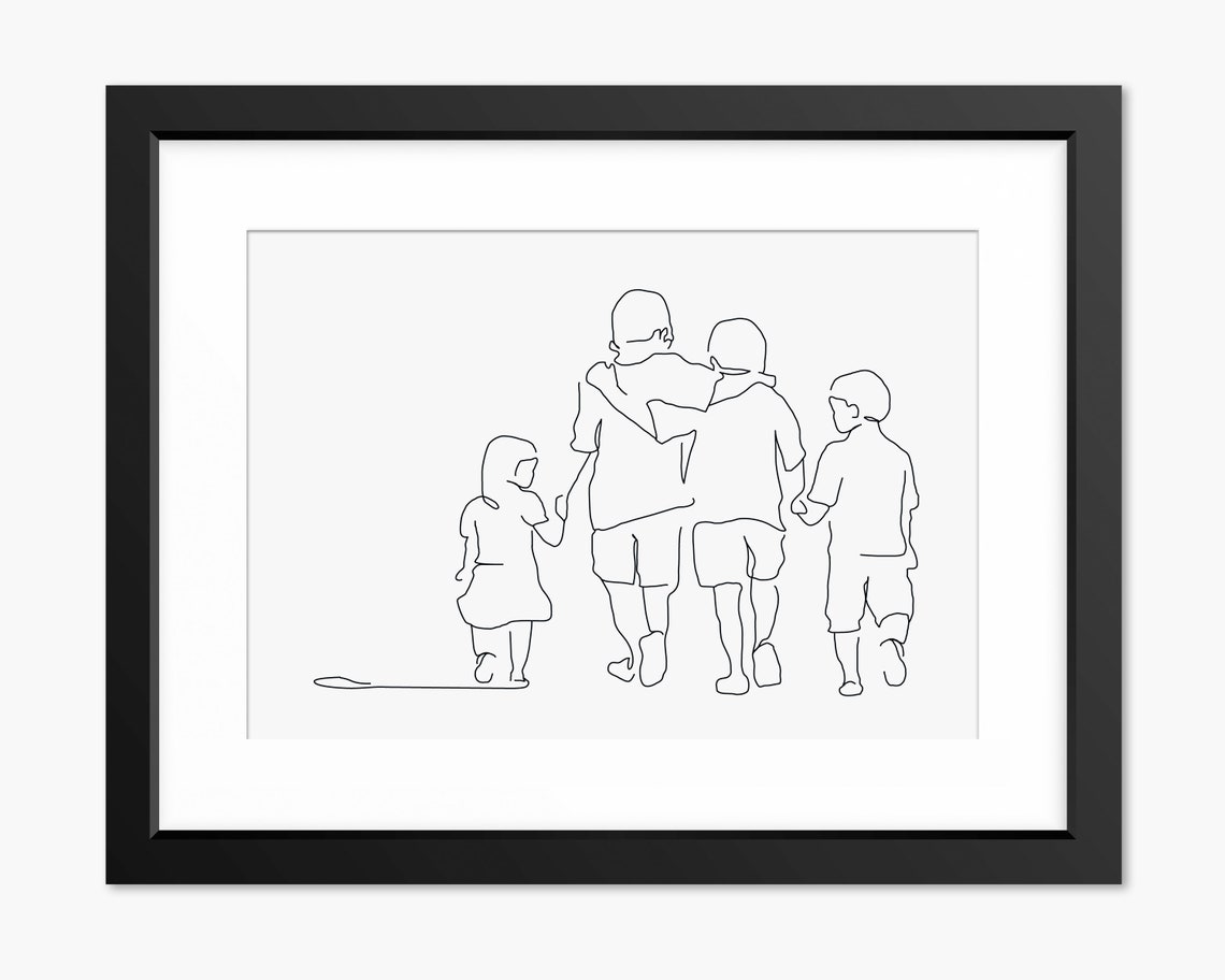 Four Children Walking Away Together Holding Hands Line Art Poster