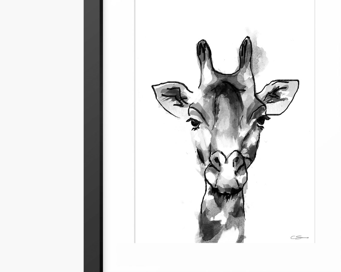 Black And White Watercolor Giraffe Head Portrait Safari Poster - Image 2