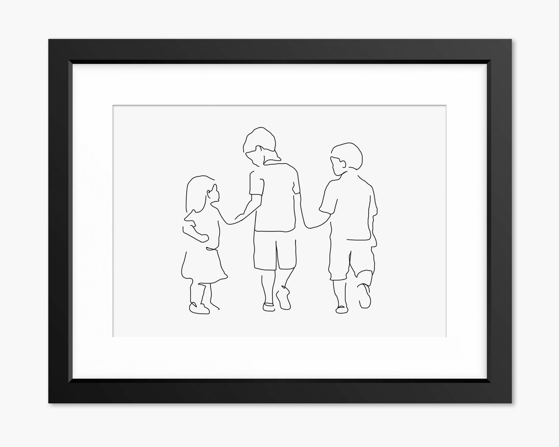 Three Children Walking Hand in Hand Together Line Art Poster
