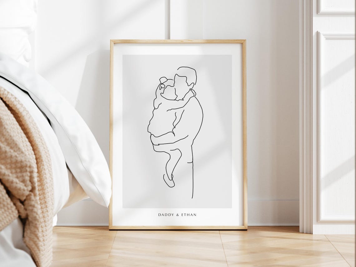 Personalised Daddy Holding His Toddler Portrait Line Art Poster - Image 2