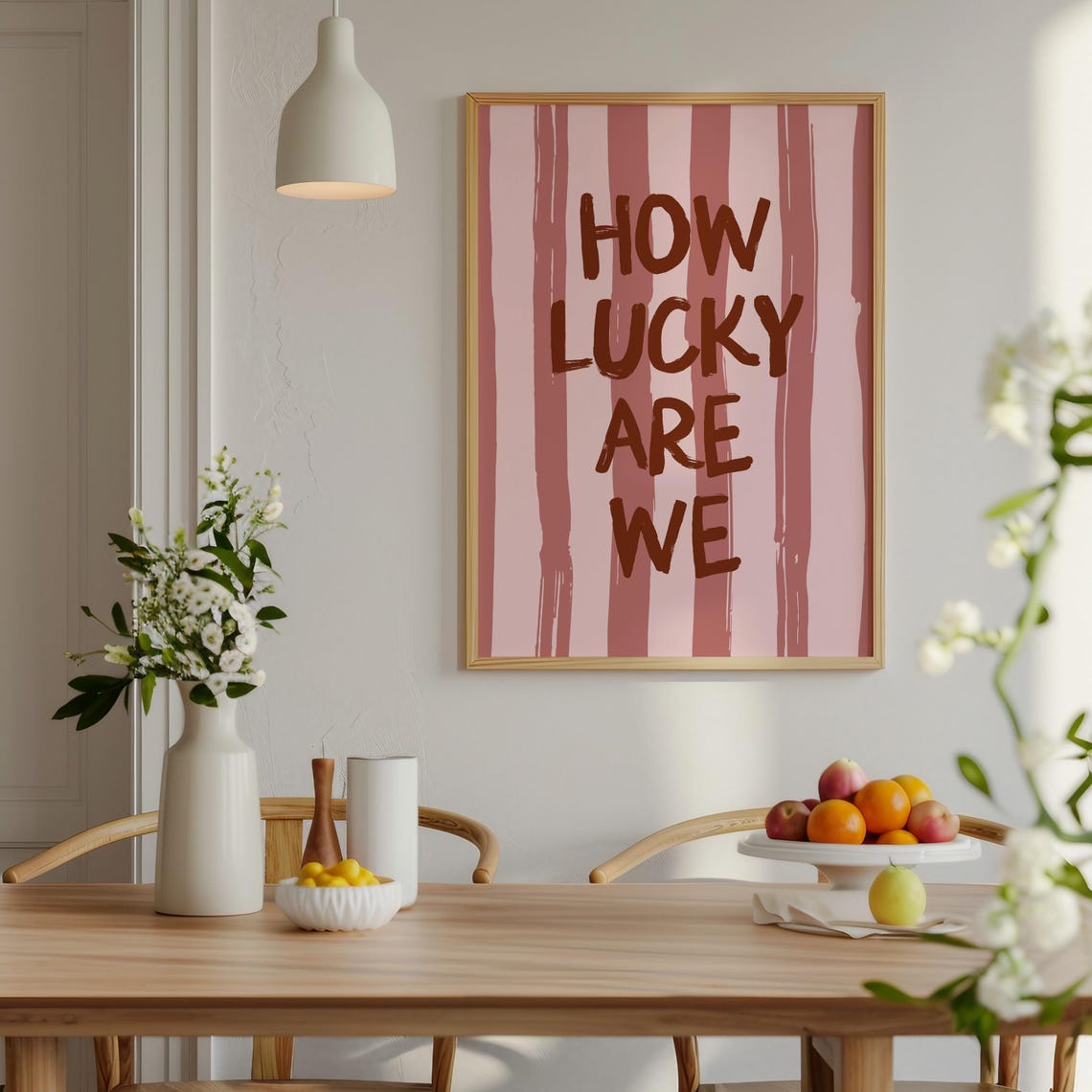 Hand Lettered How Lucky Are We Pink Striped Typography Quote Poster - Image 3
