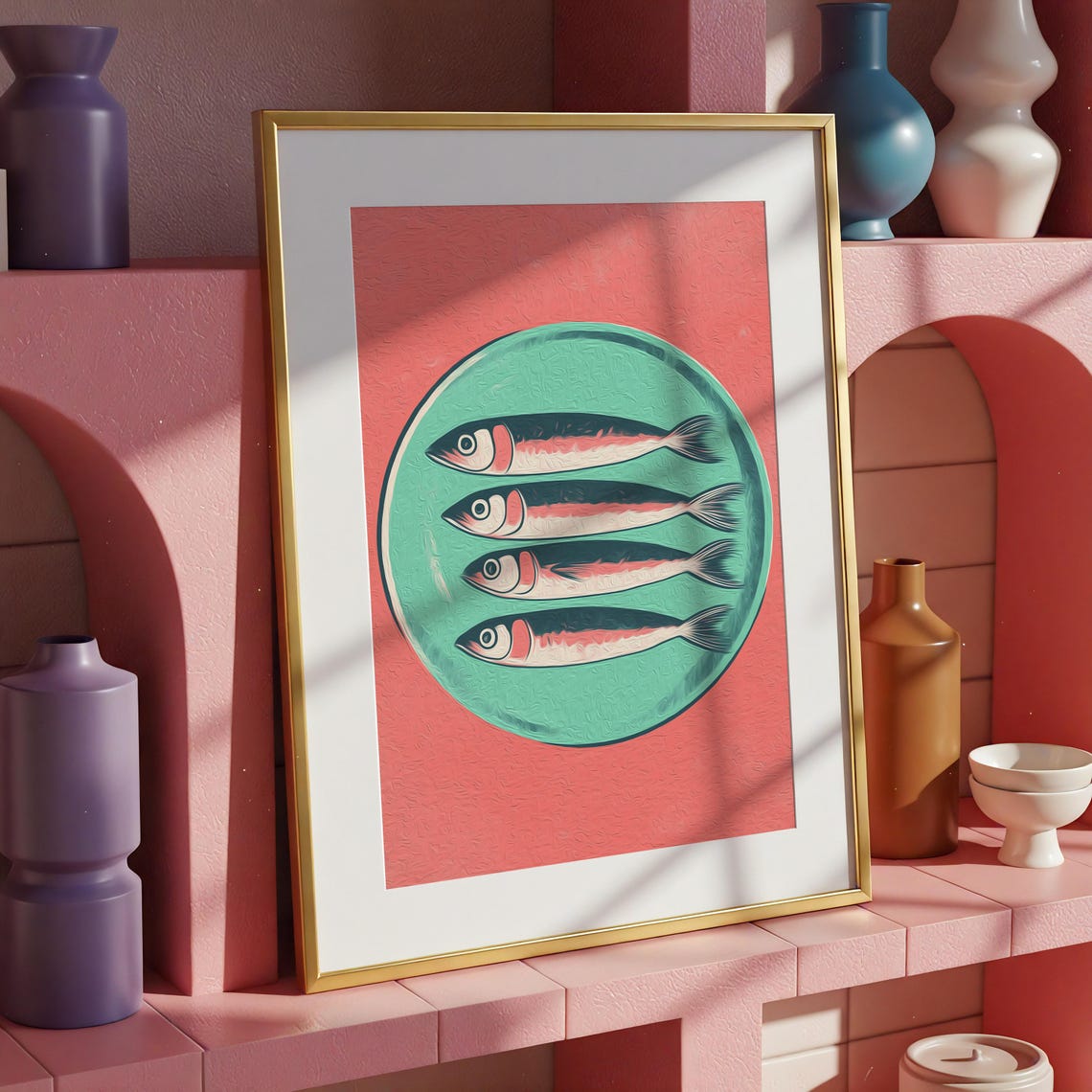 Retro Sardines on Mint Plate Bold Coral Pop Art Kitchen Poster - Image 3