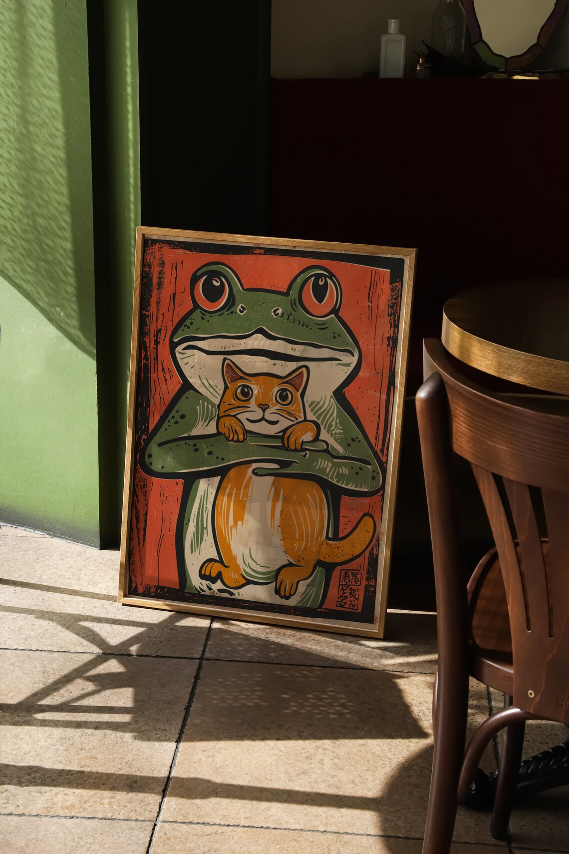 Japanese Frog and Cat Wood Block Vintage Print - Image 4