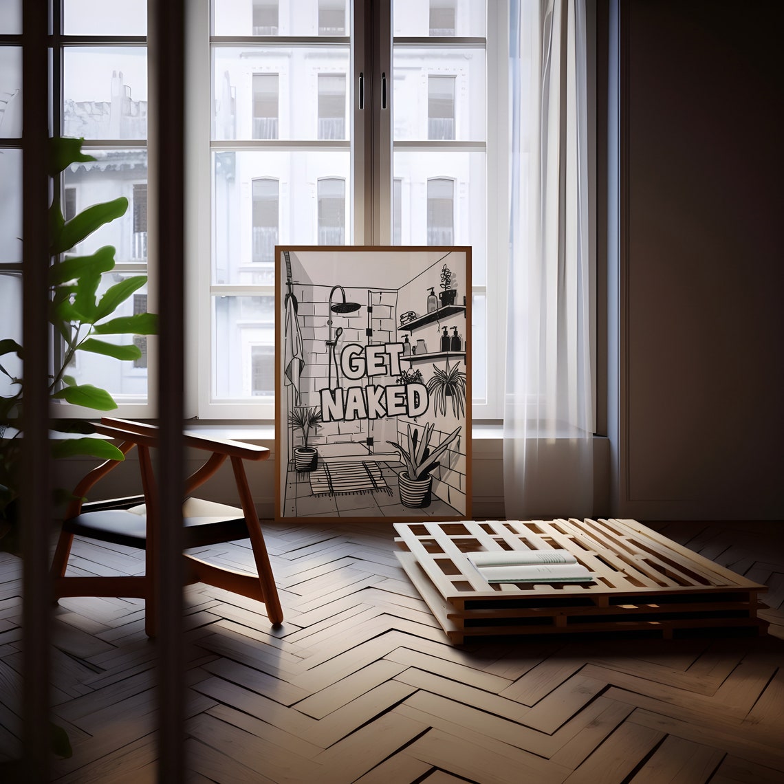 Get Naked Funny Bathroom Shower Retro Doodle Illustration Poster - Image 2