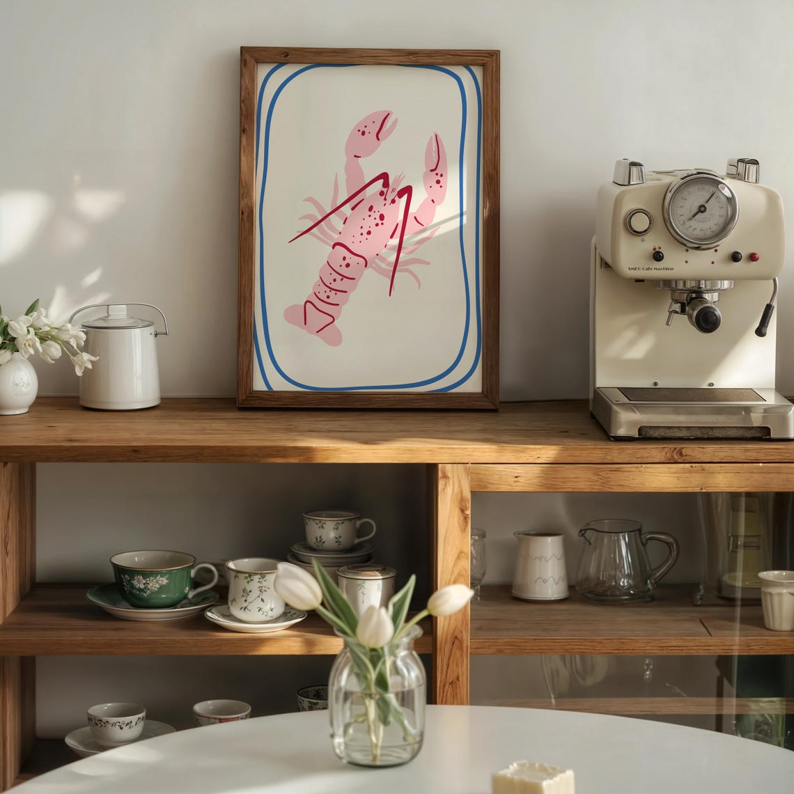 Pink Lobster Whimsical Coastal Kitchen Hand Drawn Seafood Poster - Image 3