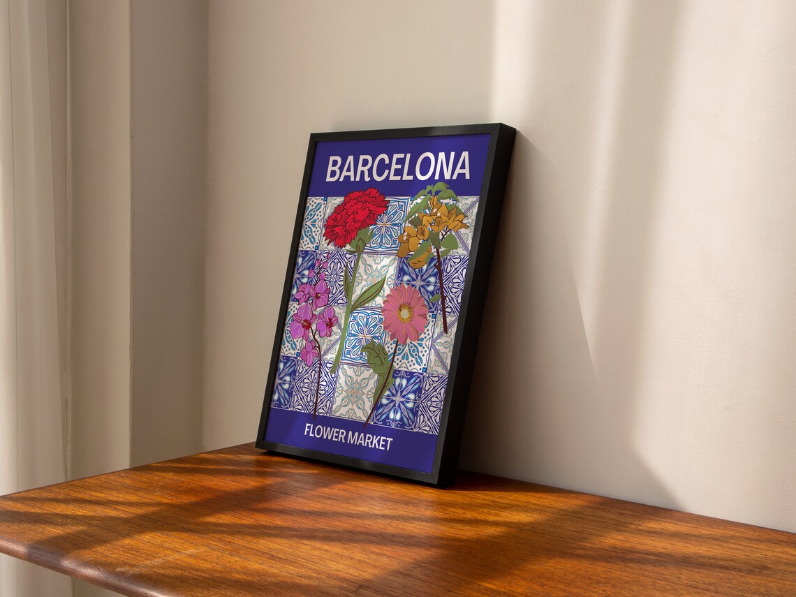 Barcelona Flower Market Mediterranean Blue Tile Floral Art Poster - Image 2