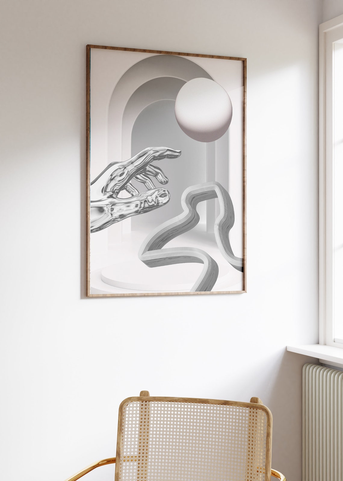Surreal Silver Chrome Hand Sphere 3D Ethereal Monochrome Art Poster - Image 4