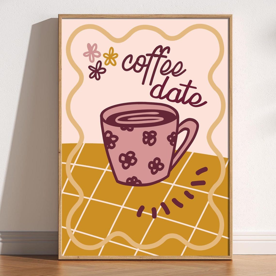 Coffee Date Pink Floral Mug Retro Kitchen Doodle Illustration Poster