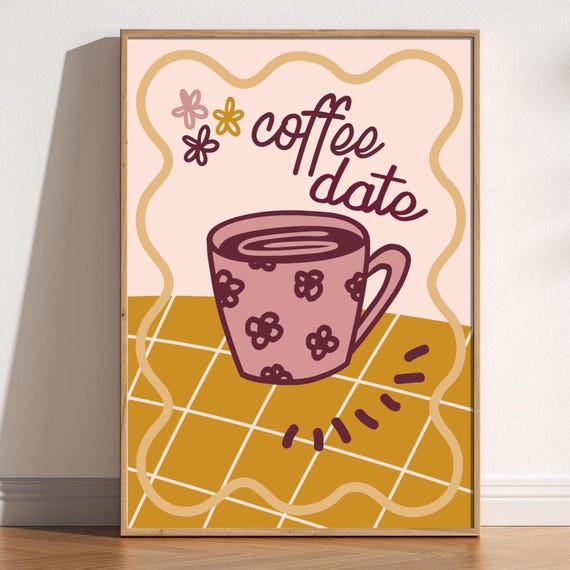 Coffee Date Print Cute Wall Art Trendy Kitchen Decor Retro Cafe Warm Colourful Playful Doodle