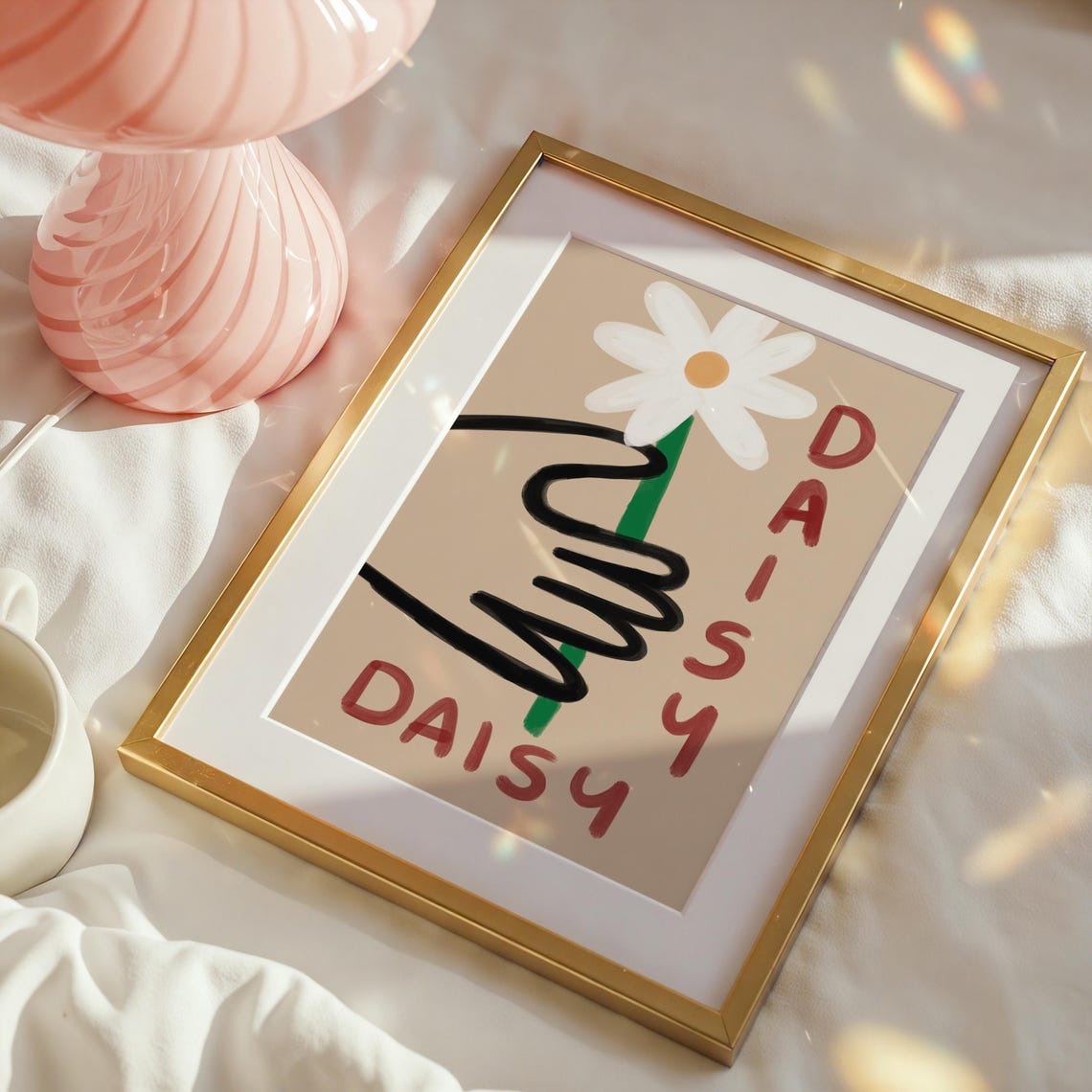 Daisy In Hand Bold White Flower Retro Botanical Sketch Poster - Image 2