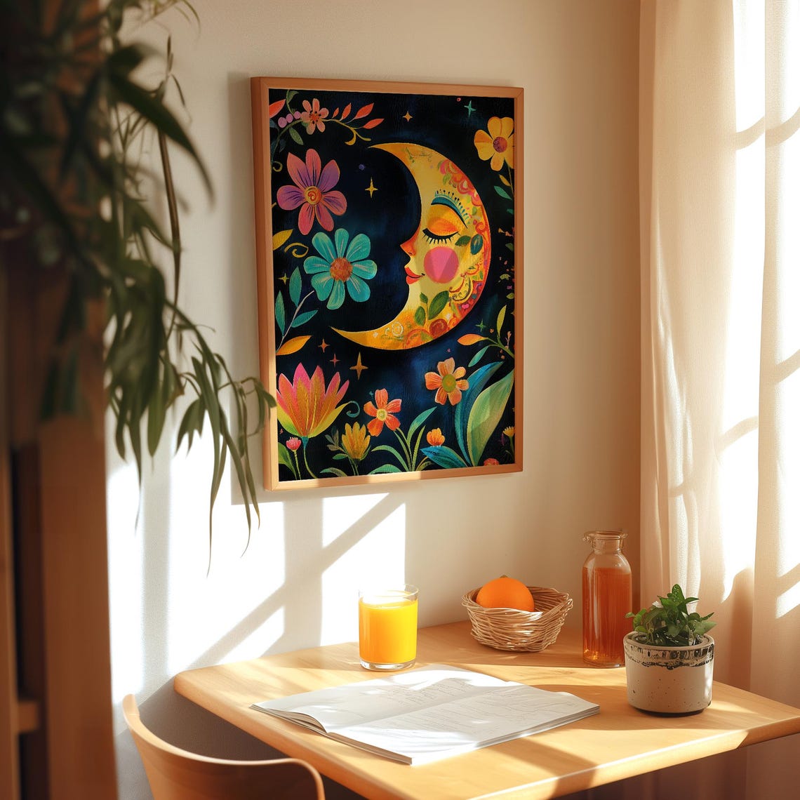 Mexican Moon Folk Art Print, La Luna Sun Flowers - Image 3
