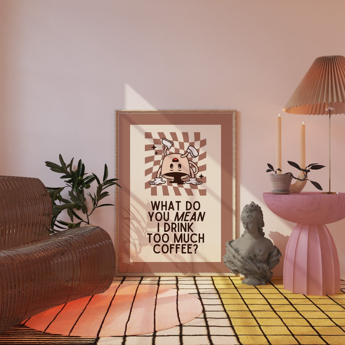 Funny Coffee Retro Character Print Art Too Much Caffeine Kitchen Checkerboard Fun Bold Humour - Image 2
