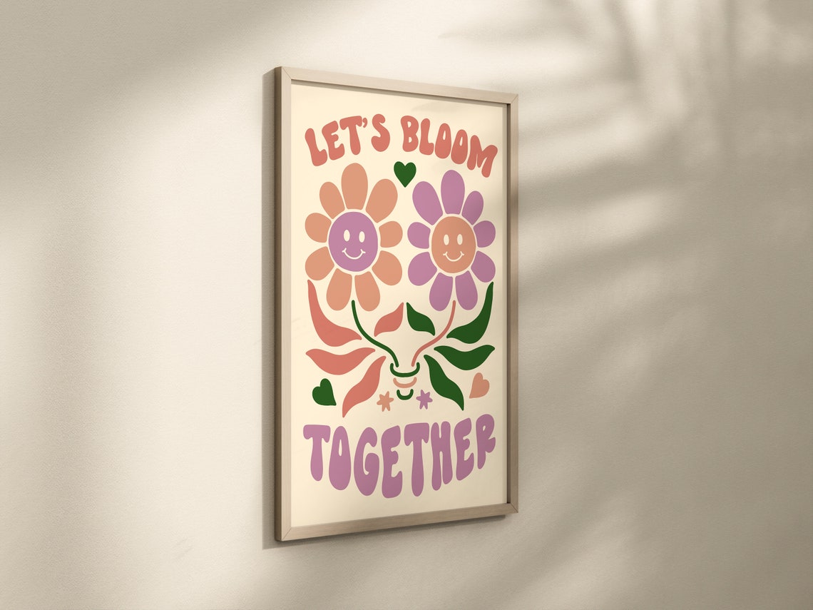 Lets Bloom Together Smiley Daisy Retro Boho Floral Groovy Quote Poster - Image 2