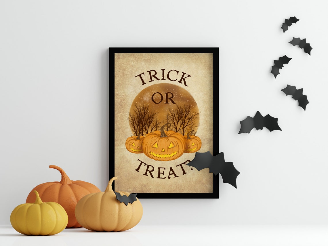 Trick Or Treat Jack O Lantern Pumpkin Moon Vintage Halloween Poster - Image 2