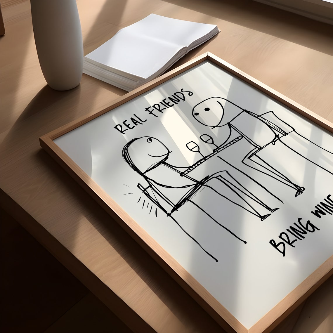 Real Friends Bring Wine Funny Doodle Friendship Kitchen Poster - Image 2