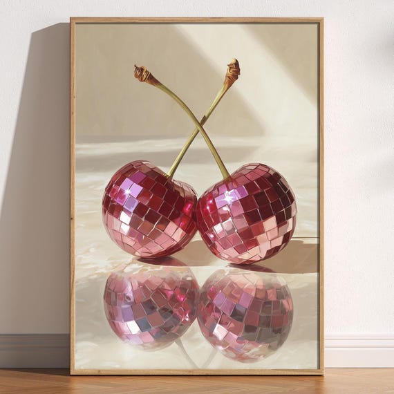 Disco Ball Cherry Print Pink Wall Art Retro Kitchen Poster Fruit Decor Y2k Preppy Pop Style Foodie Cute Trendy