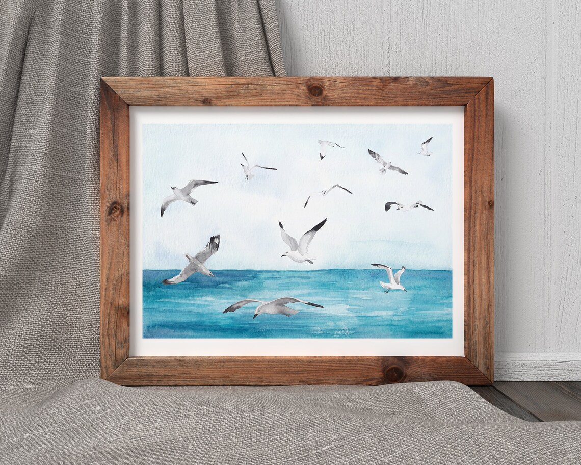 Seagulls Over Sea Watercolor Flying Birds Coastal Art Poster - Image 2