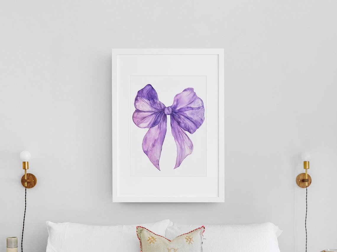 Purple Watercolor Ribbon Bow On White Girls Room Decor Poster - Image 3