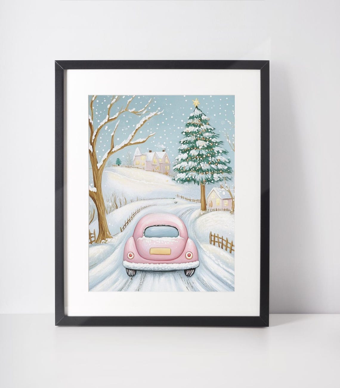 Holiday Pink Christmas Wall Art Pastel Watercolor Print Snowy Pink Car Christmas Village Painting Girly Holiday - Image 2