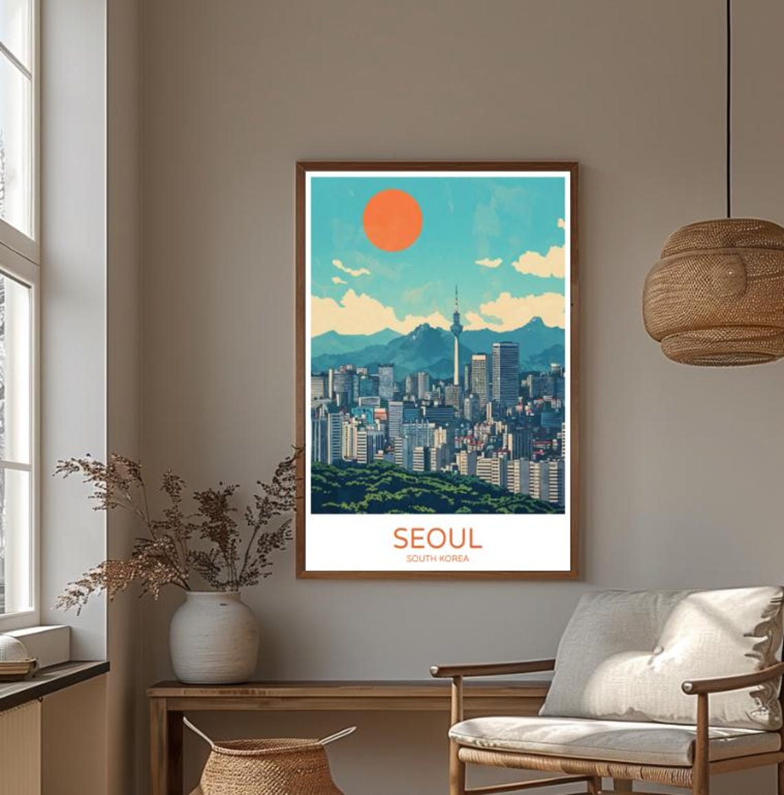 Retro Seoul City Skyline With Tower Under Orange Sun Travel Poster - Image 4