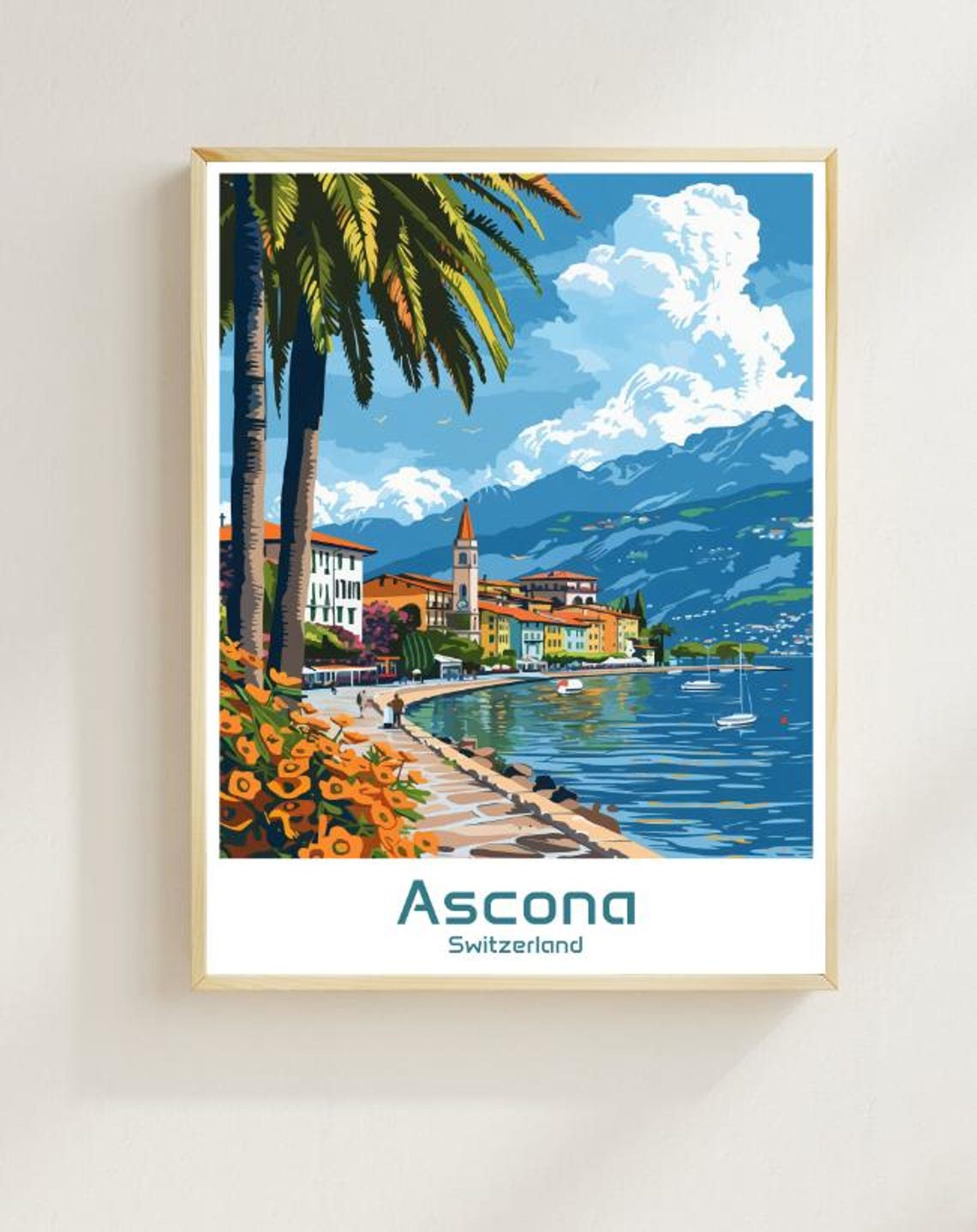 Ascona Switzerland Lake Maggiore Promenade Colorful Travel Poster
