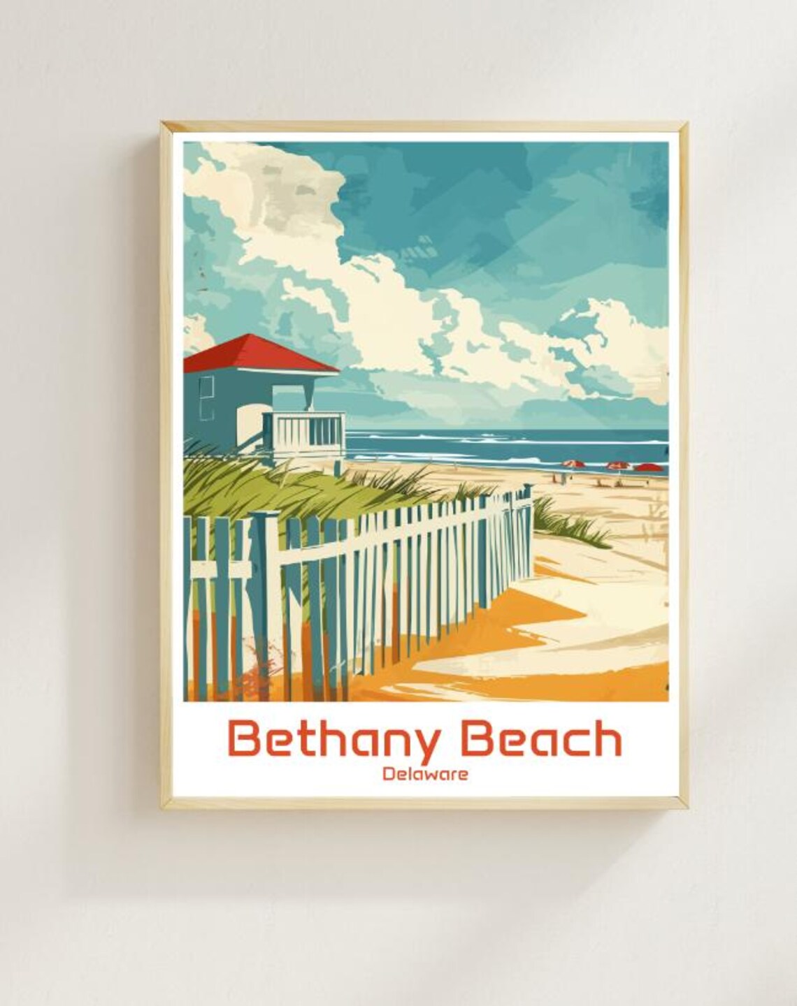 Bethany Beach Delaware Lifeguard Stand Fence Retro Travel Poster