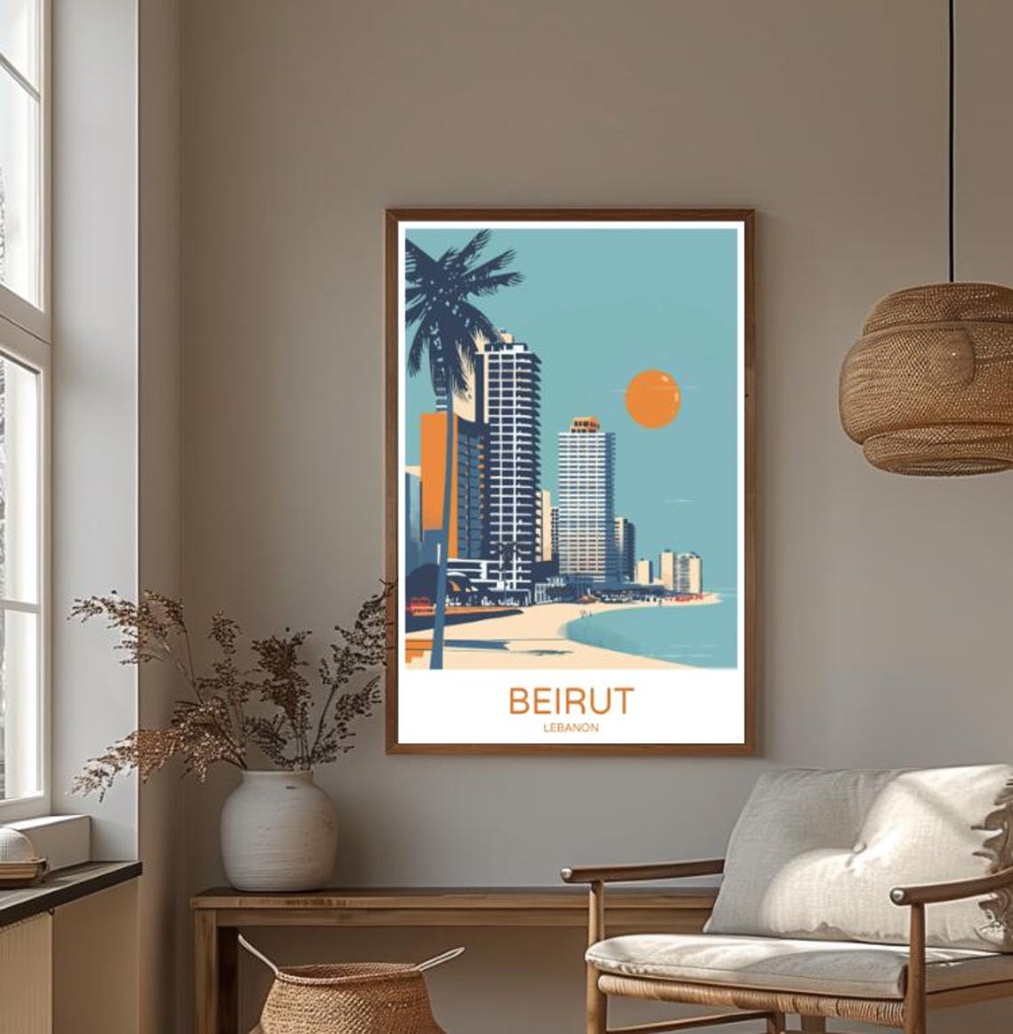 Beirut Lebanon Beachfront Towers and Palm Silhouette Sunset Poster - Image 4